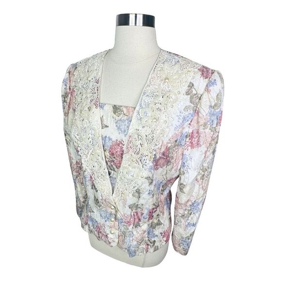 Vintage 80’s Jessica McClintock Gunne Sax Floral Pearl Detail Blouse - Size 16 - Picture 3 of 9
